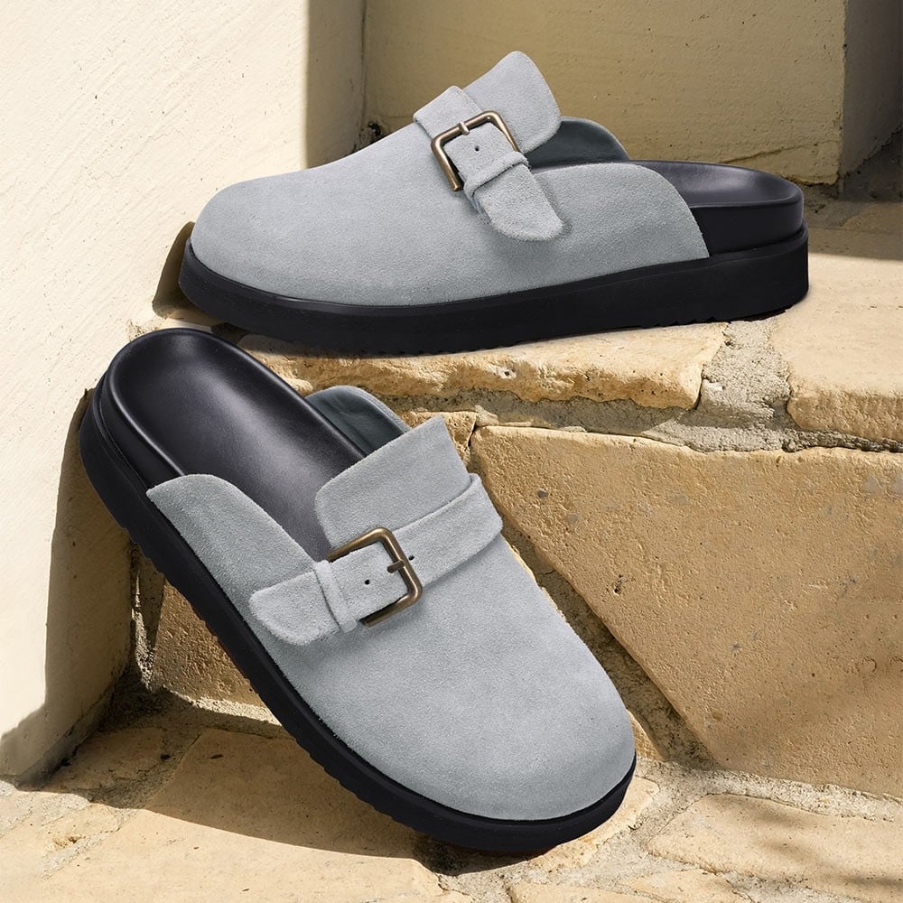 Men's Gray Suede Height Increasing Mule Slippers | +5cm