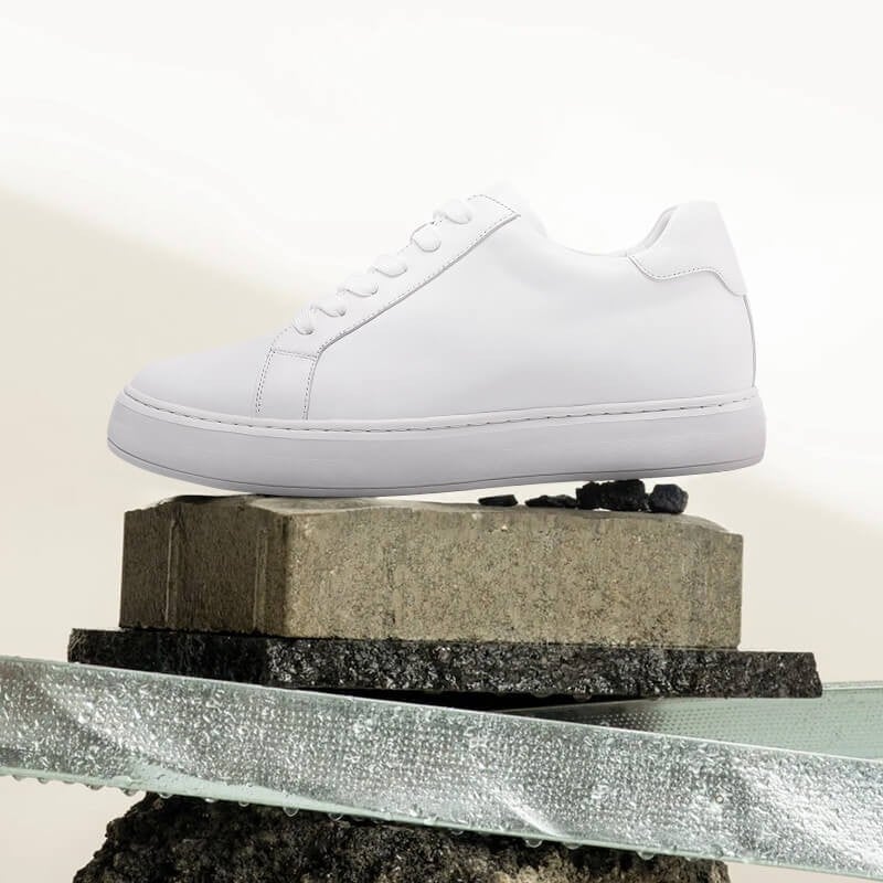 Men's White Leather Height Increasing Sneakers | +7cm