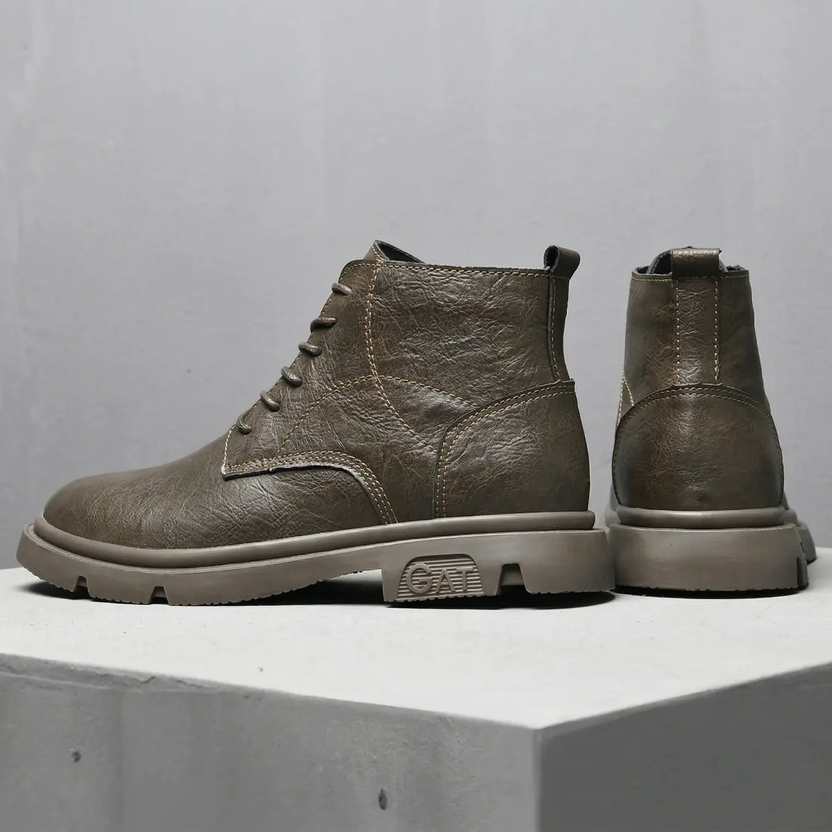 Men’s Leather Lace Up Ankle Combat Boots Elevator Shoes | +3.1" (8cm)