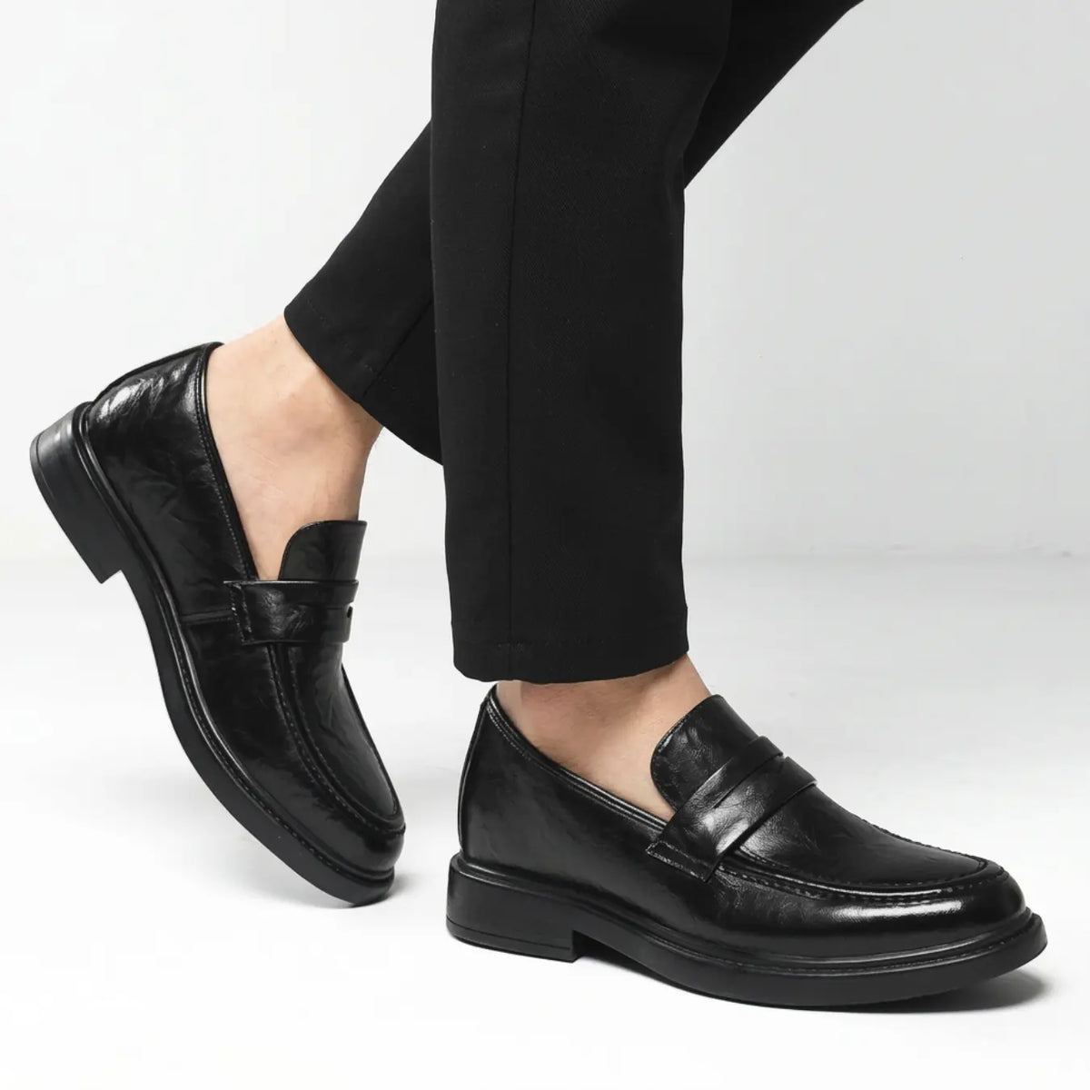 Men’s Black Leather Penny Loafers Elevator Shoes | +3.1" (8cm)
