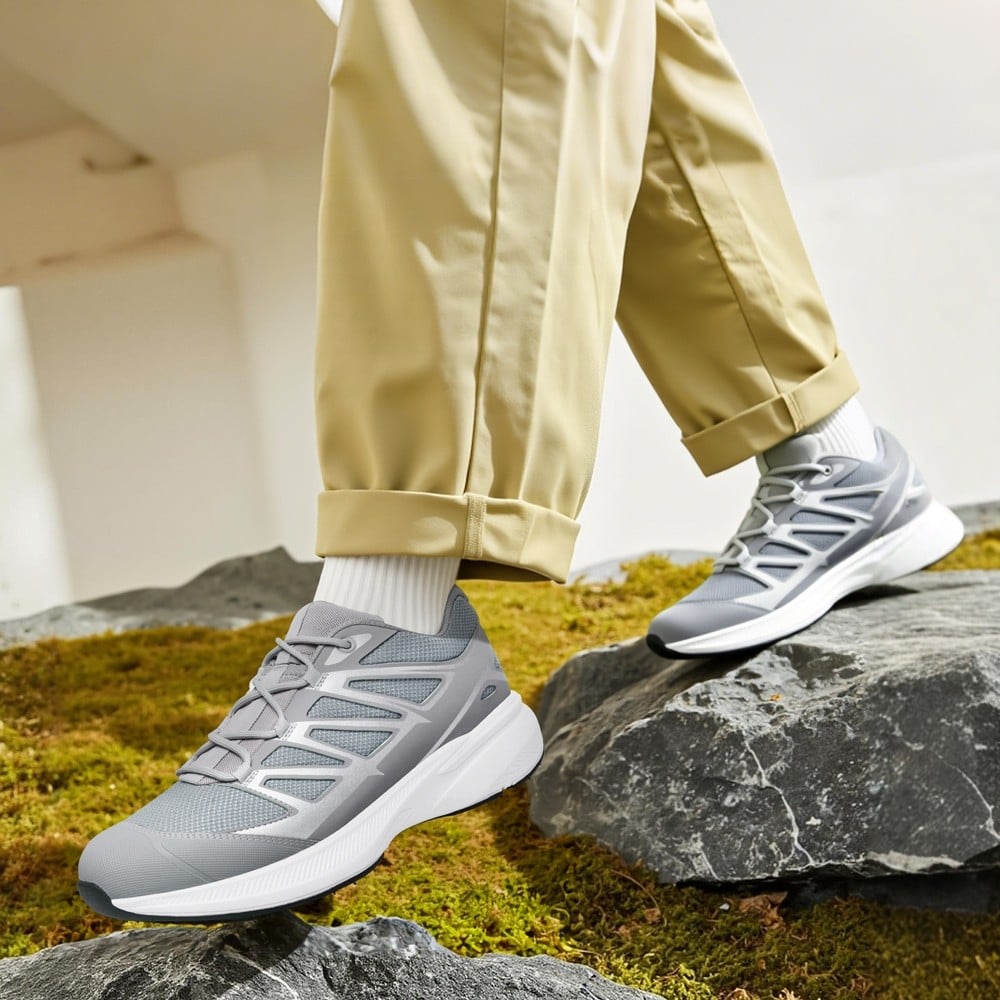 Men's Gray Mesh Running Sneakers Elevator Sports Shoes | +7cm