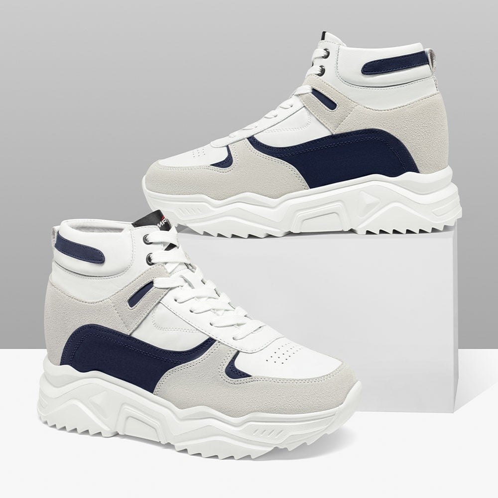 Men's White Navy High Top Elevator Sneakers | +10cm