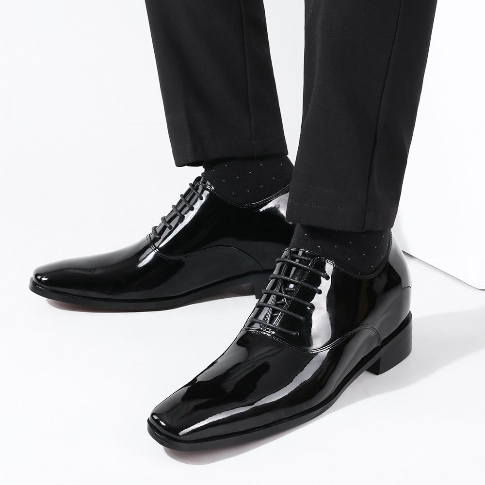 Men's Black Patent Leather Elevator Dress Shoes | +7cm