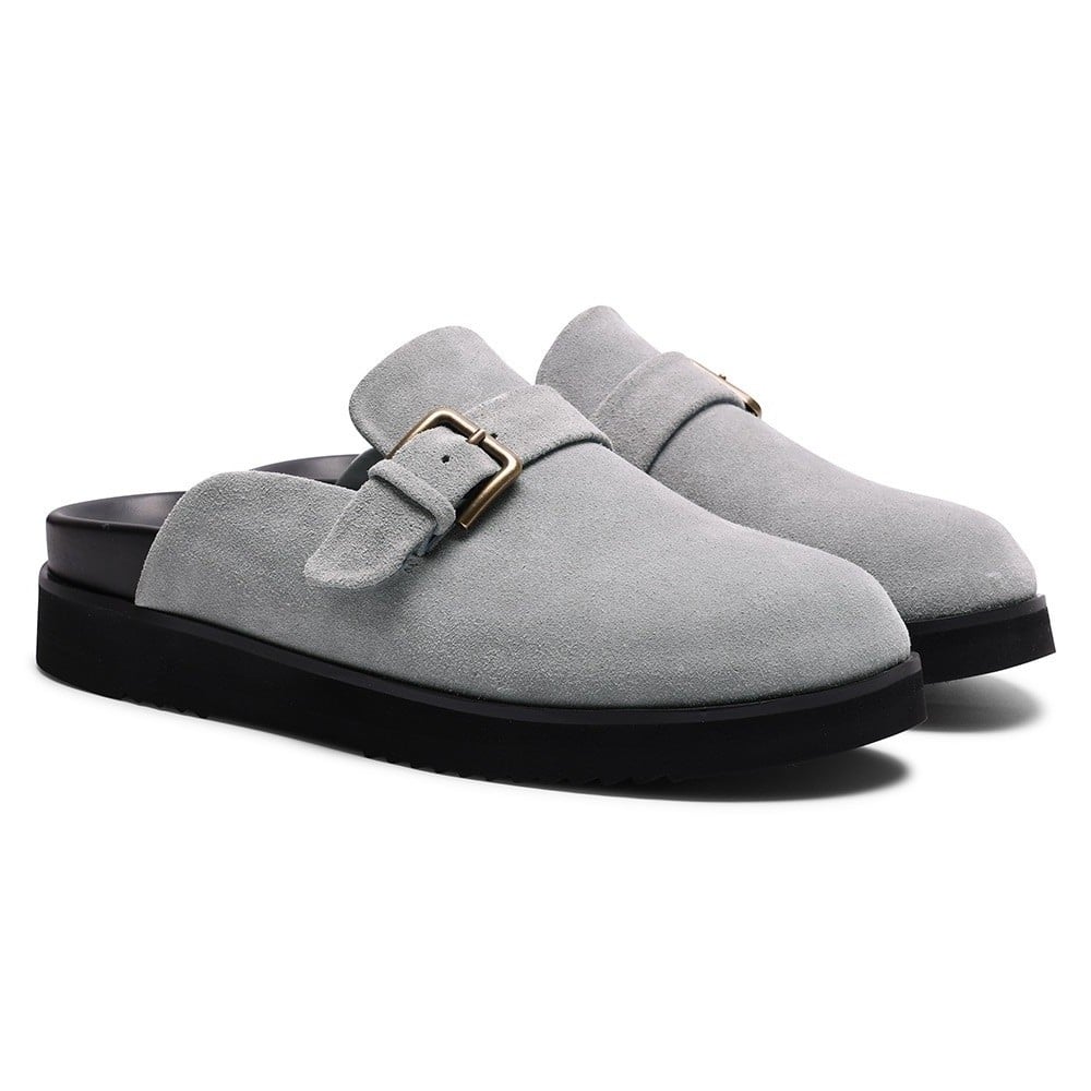 Men's Gray Suede Height Increasing Mule Slippers | +5cm