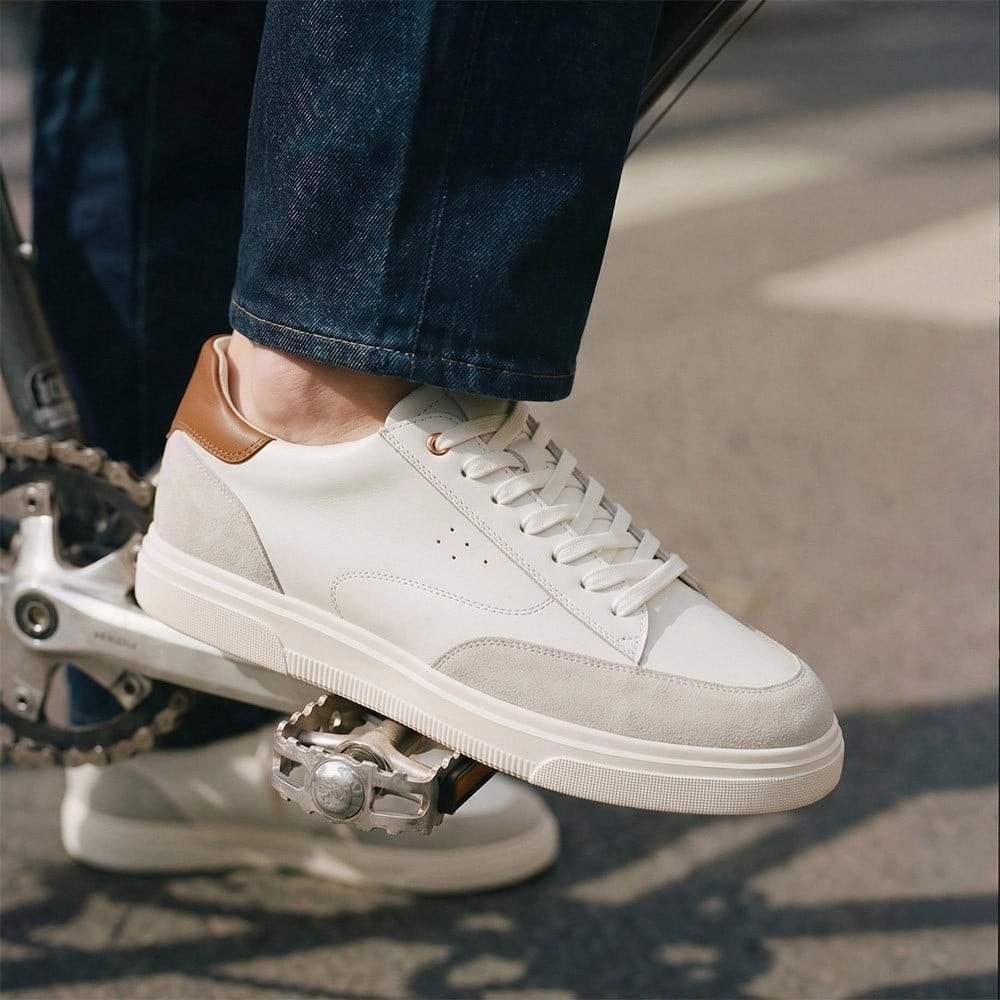 Men's White Leather Elevator Shoes Casual Sneakers | +8cm