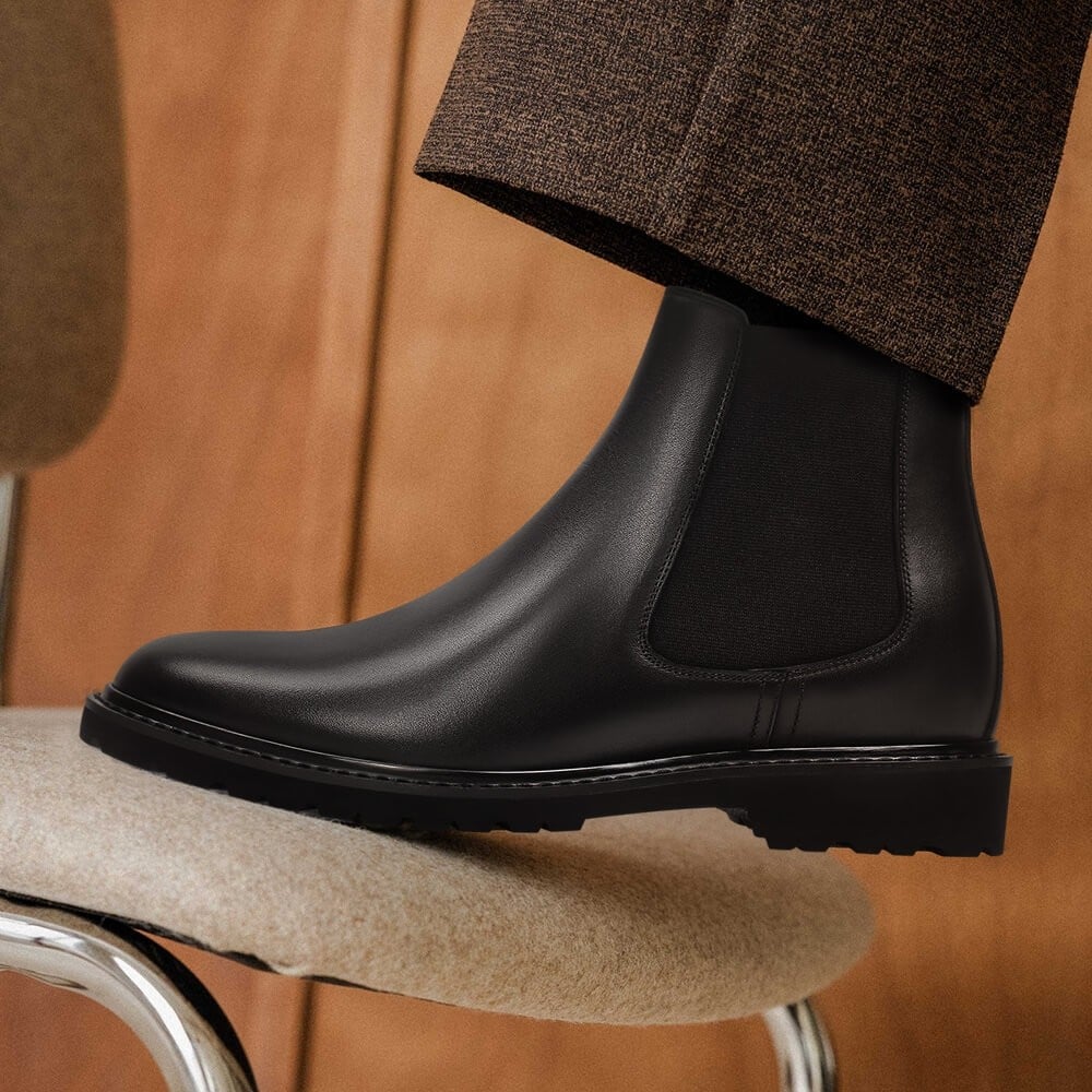 Men's Black Leather Chelsea Elevator Boots | +8cm