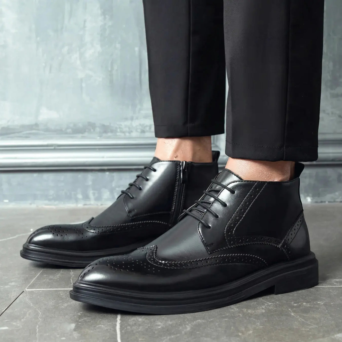 Men’s Black Leather Brogue Formal Elevator Boots | +2.4" (6cm)