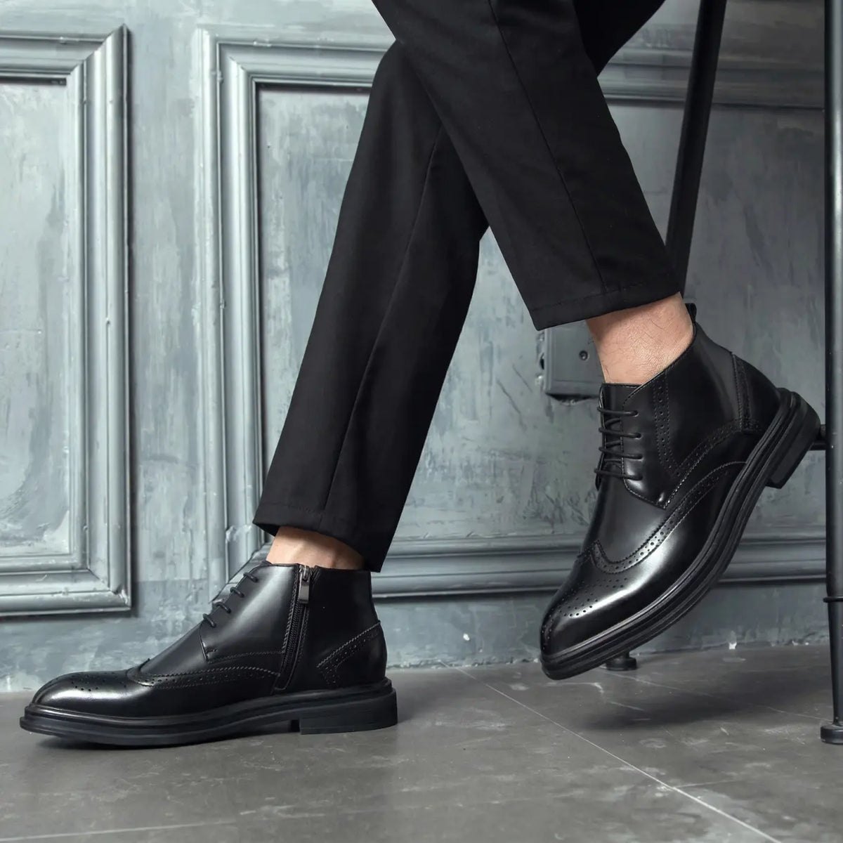 Men’s Black Leather Brogue Formal Elevator Boots | +2.4" (6cm)