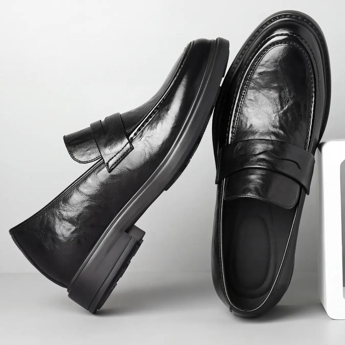 Men’s Black Leather Penny Loafers Elevator Shoes | +3.1" (8cm)