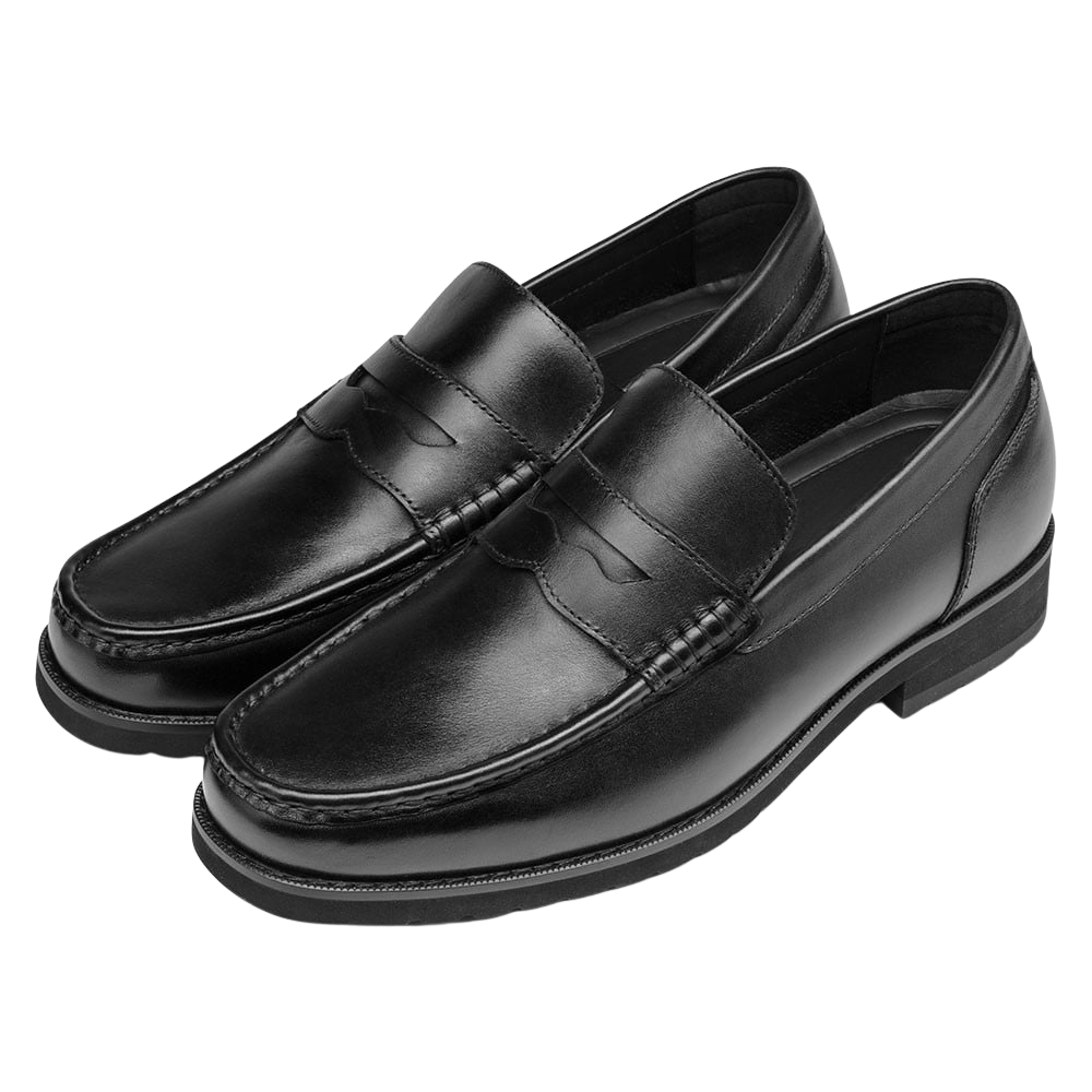 Men's Black Leather Penny Loafers Casual Dress Shoes | +6cm