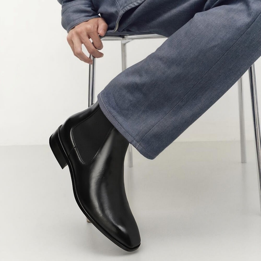 Men's Black Leather Dress Chelsea Elevator Boots | +7cm