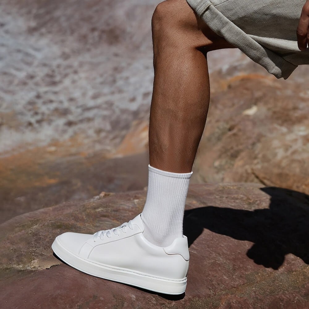 Men's White Leather Height Increasing Sneakers | +7cm