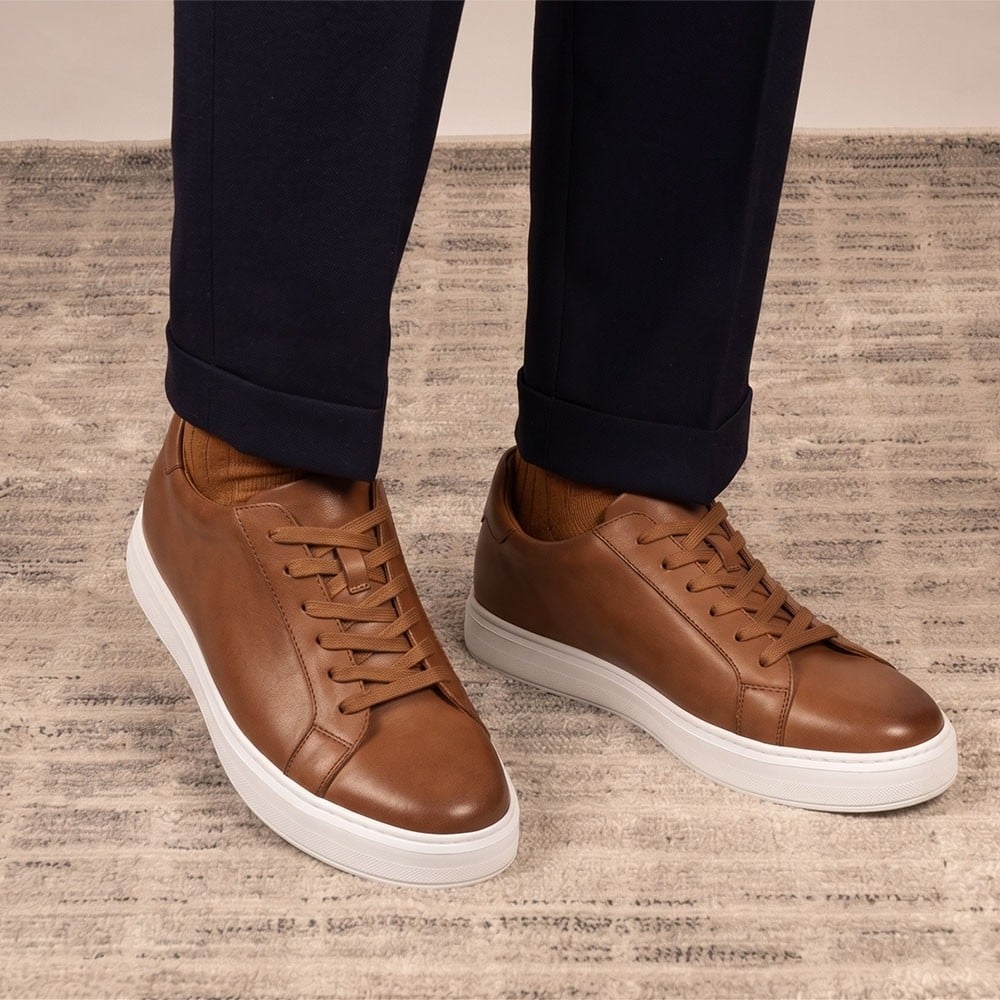 Men's Brown Leather Height Increasing Casual Sneakers | +7cm