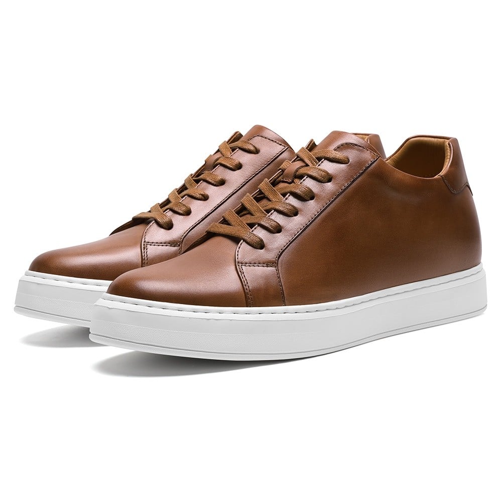 Men's Brown Leather Height Increasing Casual Sneakers | +7cm