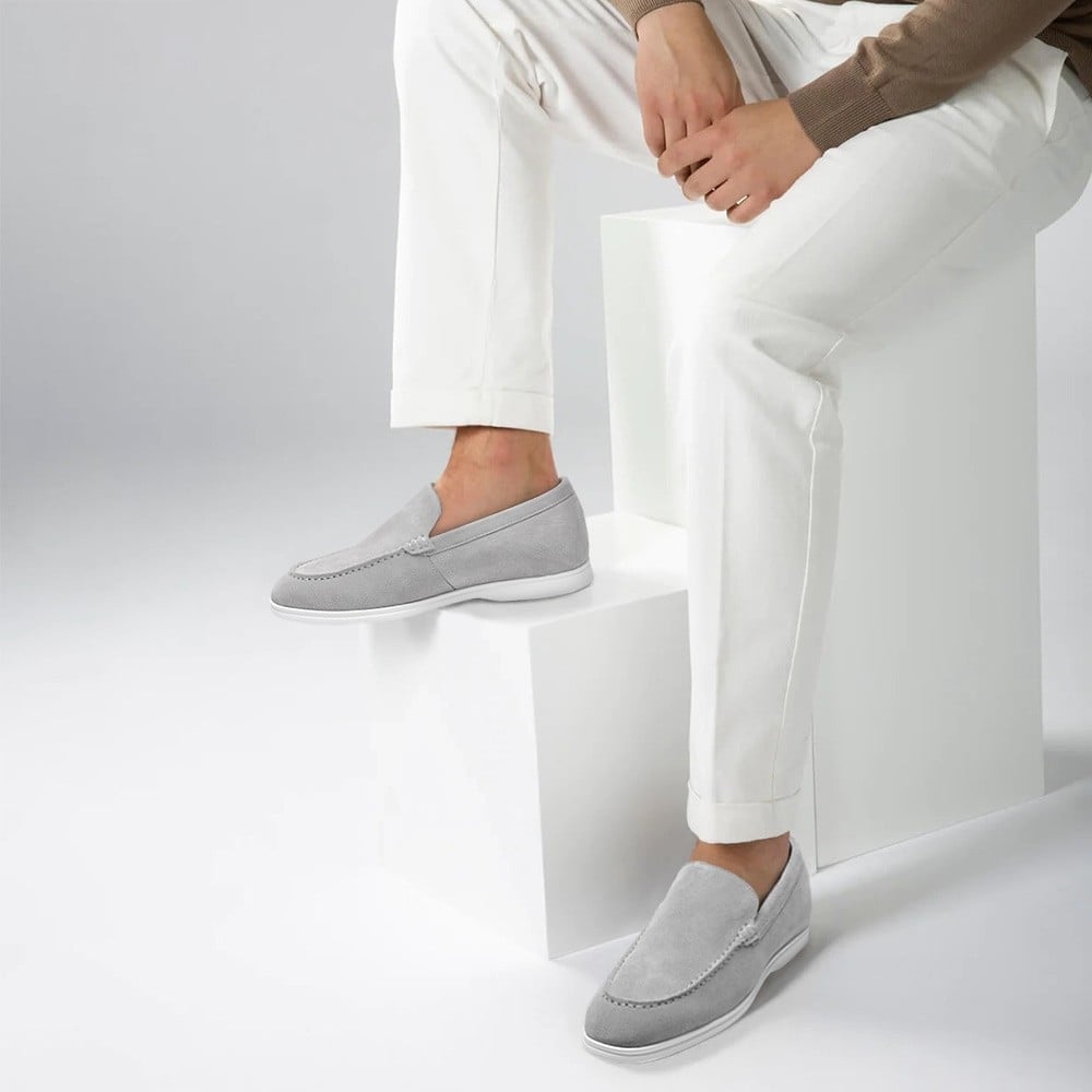 Men's Gray Suede Elevator Loafers Casual Slip-On Shoes  | +6cm