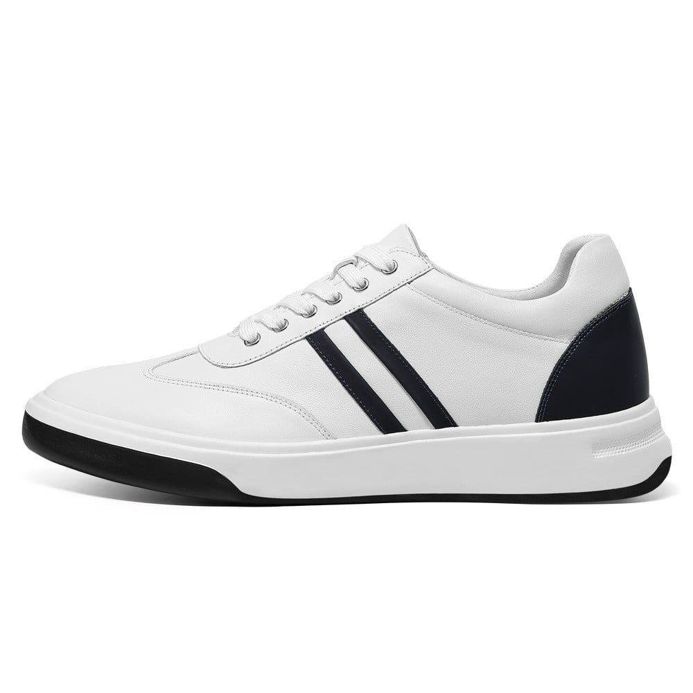 Men's White Elevator Shoes Leather Casual Sneakers | +7cm