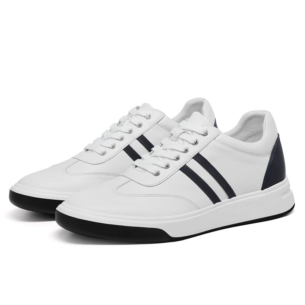 Men's White Elevator Shoes Leather Casual Sneakers | +7cm