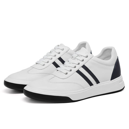 Men's White Elevator Shoes Leather Casual Sneakers | +7cm