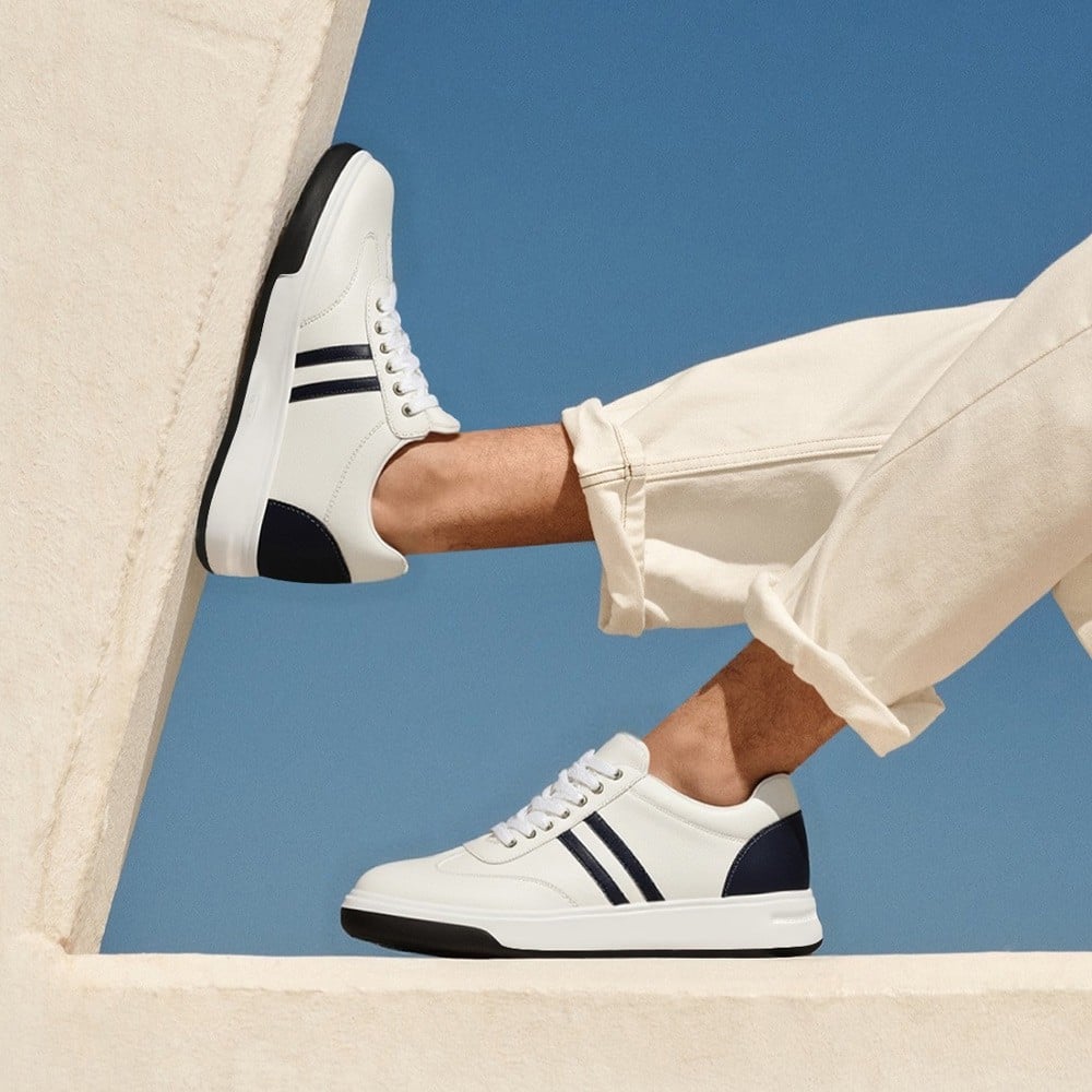 Men's White Elevator Shoes Leather Casual Sneakers | +7cm