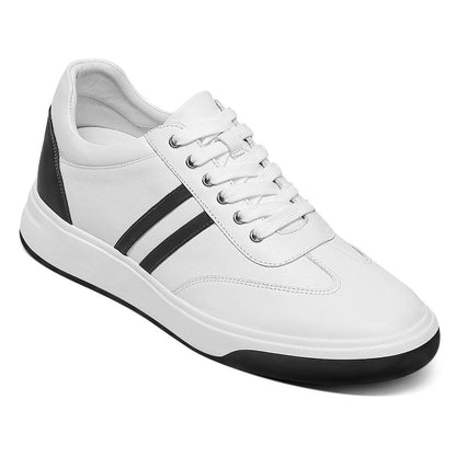 Men's White Elevator Shoes Leather Casual Sneakers | +7cm