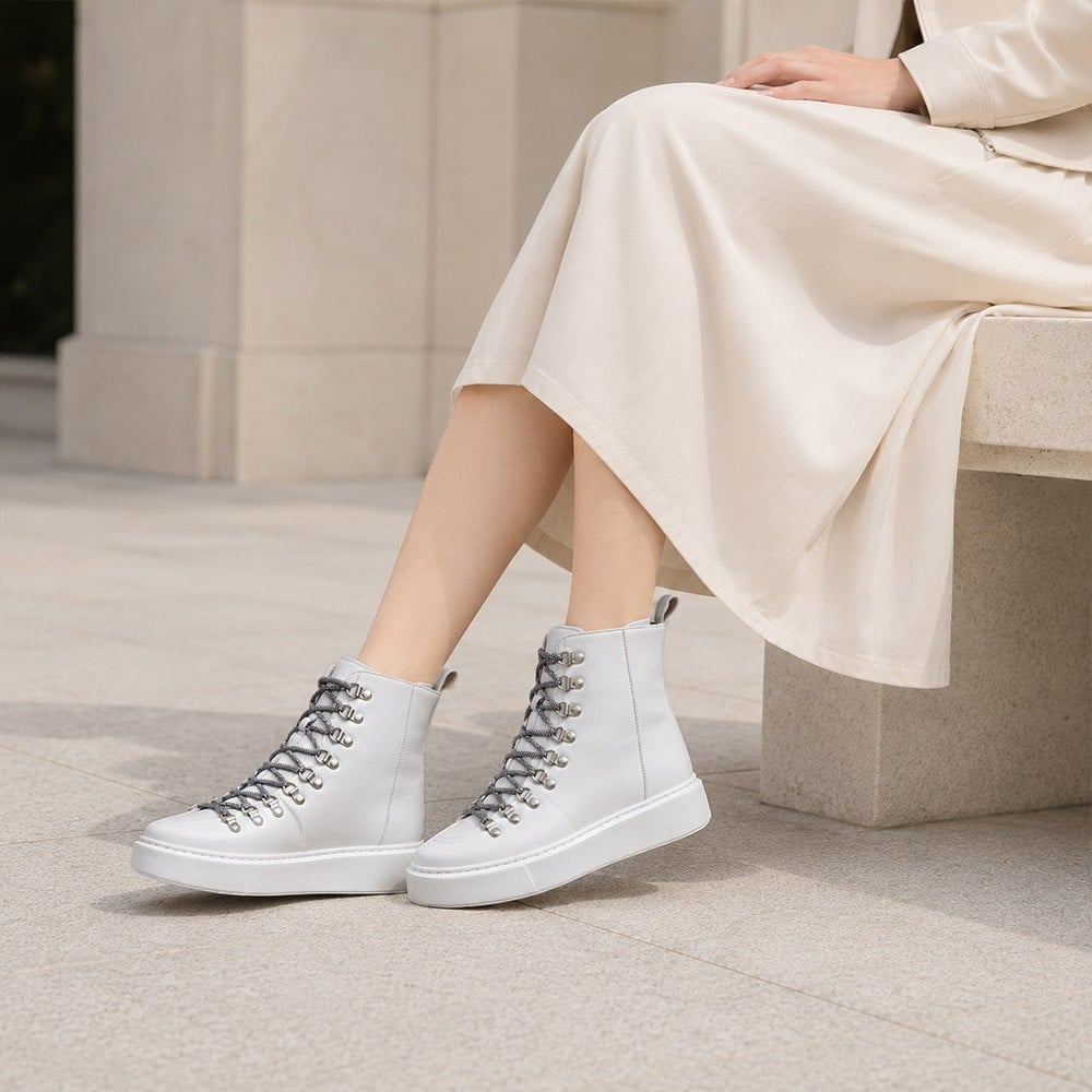 Women's White Leather Height Increasing High Top Sneakers | +7cm