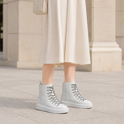 Women's White Leather Height Increasing High Top Sneakers | +7cm