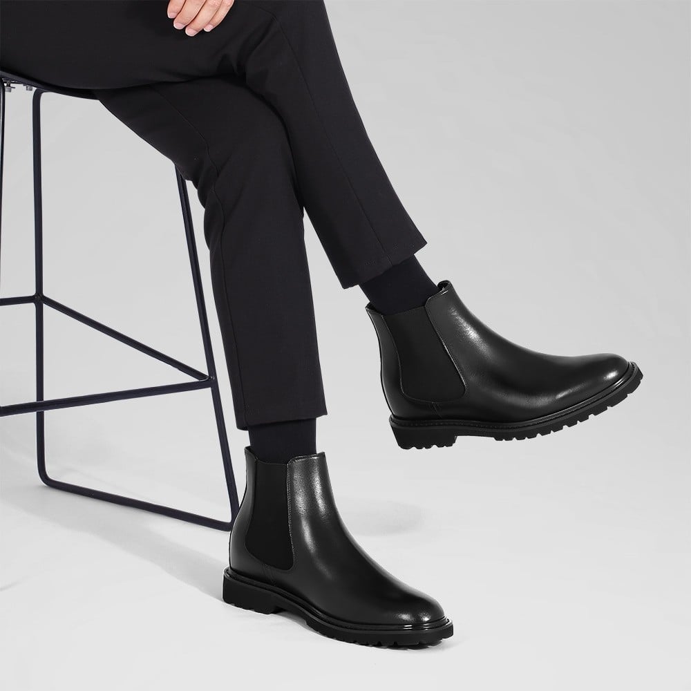 Men's Black Leather Chelsea Elevator Boots | +8cm