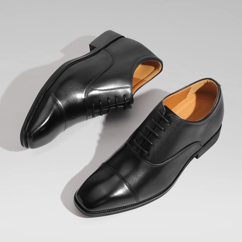 Men's Black Leather Oxford Elevator Shoes | +6cm