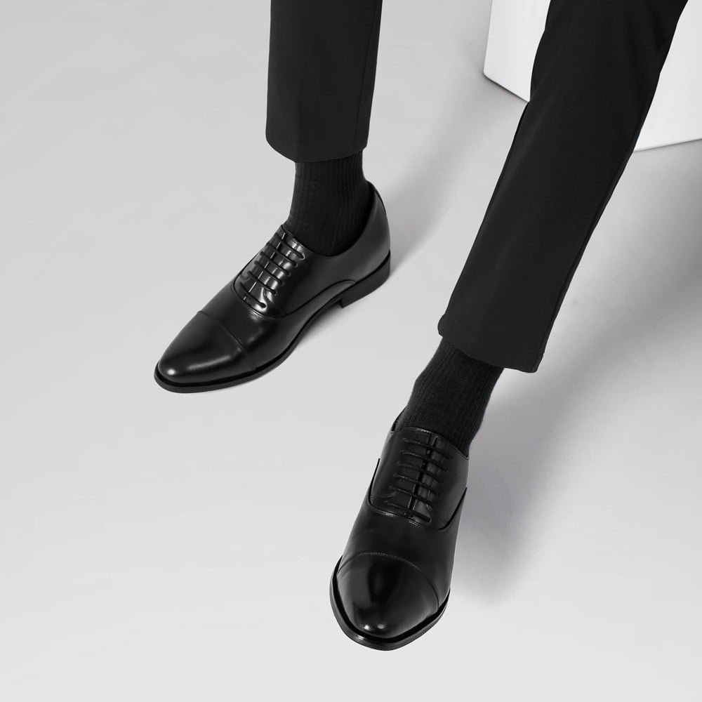 Men's Black Leather Oxford Elevator Shoes | +6cm