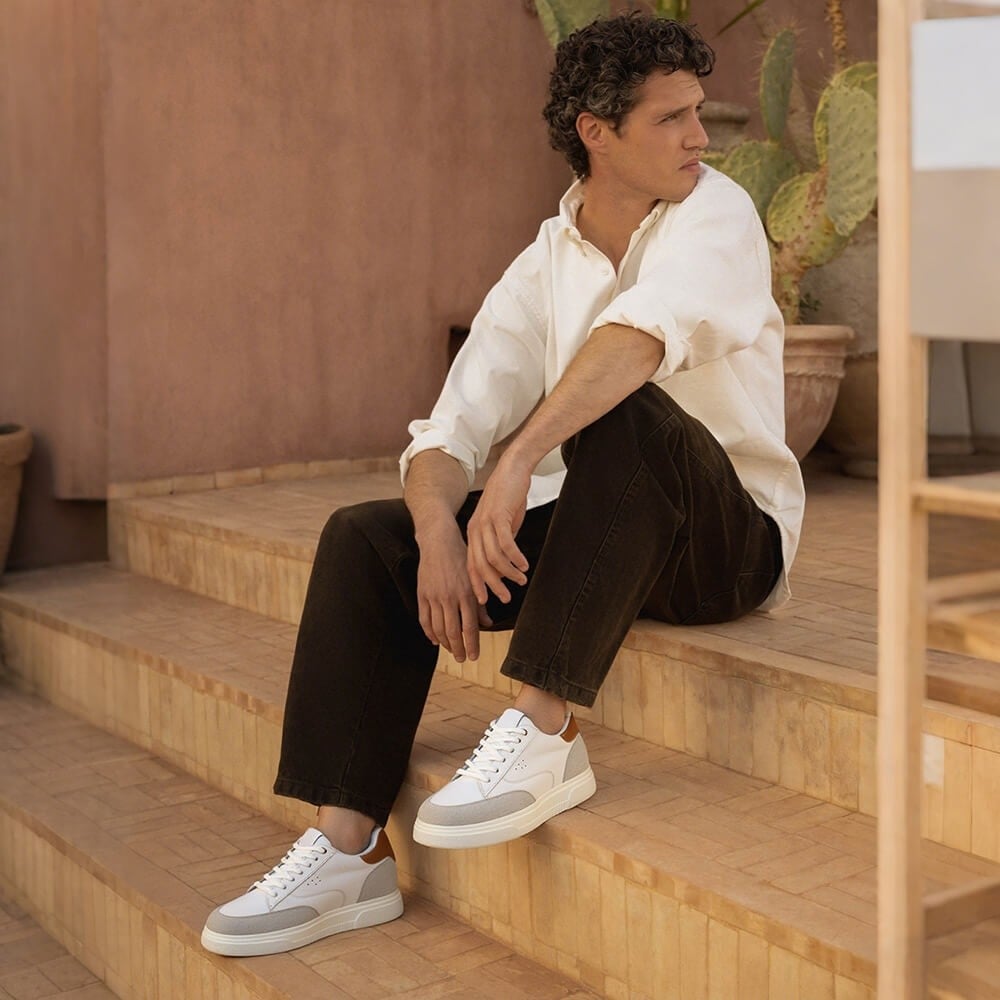 Men's White Leather Elevator Shoes Casual Sneakers | +8cm