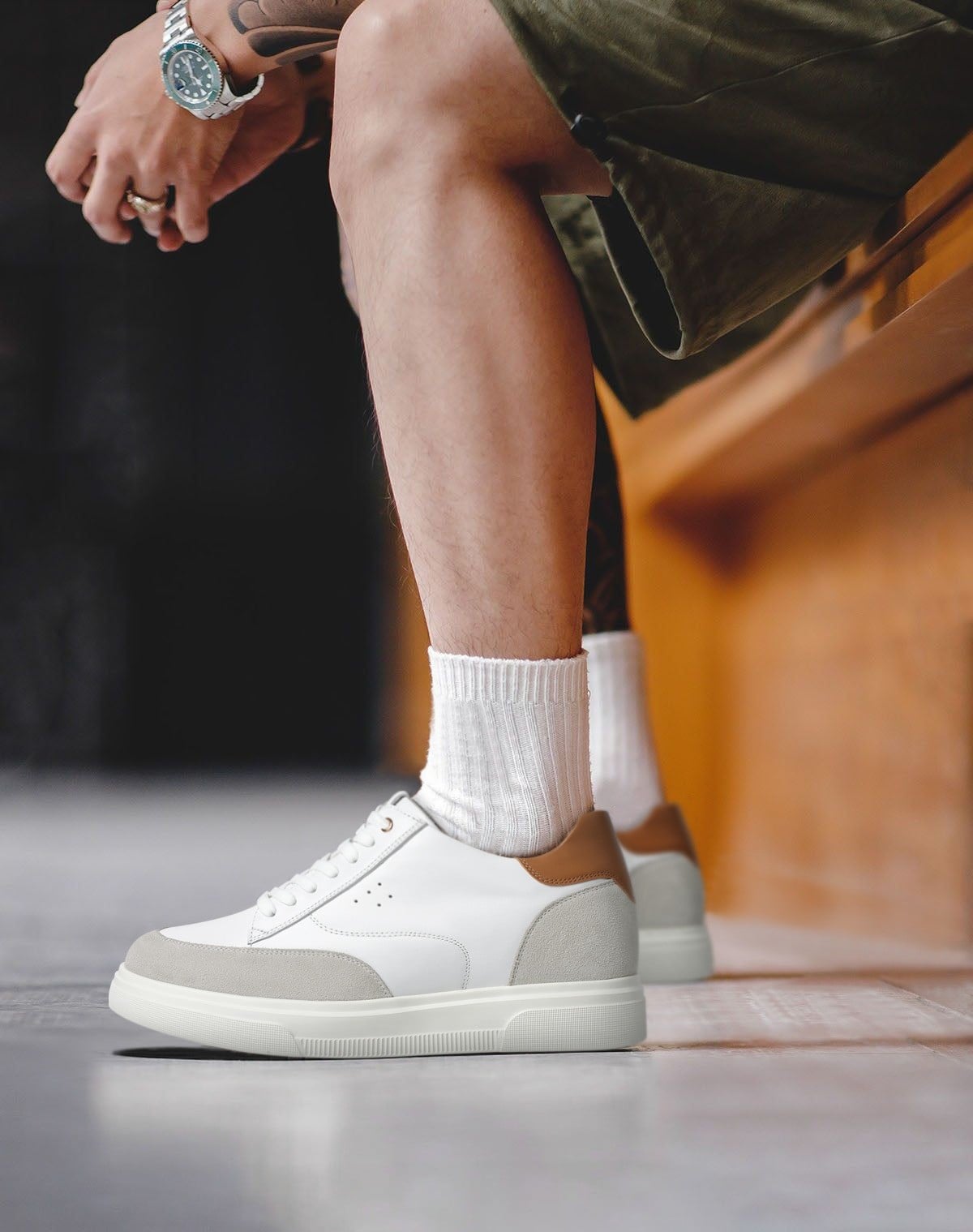 Men's White Leather Elevator Shoes Casual Sneakers | +8cm