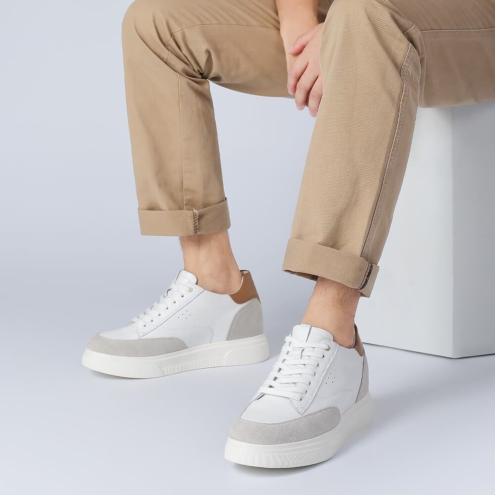 Men's White Leather Elevator Shoes Casual Sneakers | +8cm