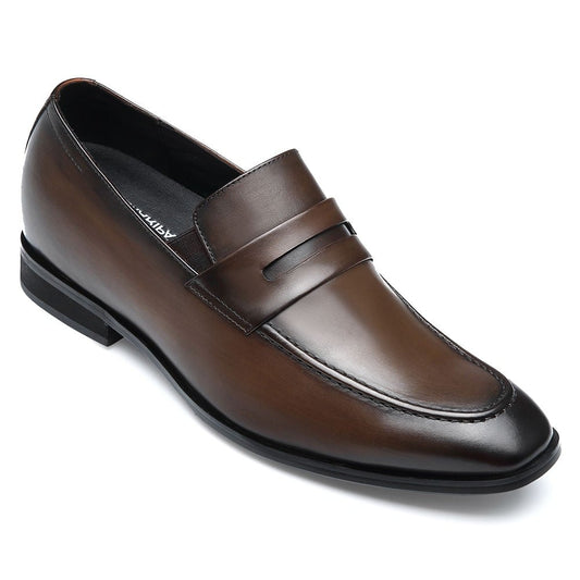 Men's Brown Leather Penny Loafer Elevator Shoes | +7cm