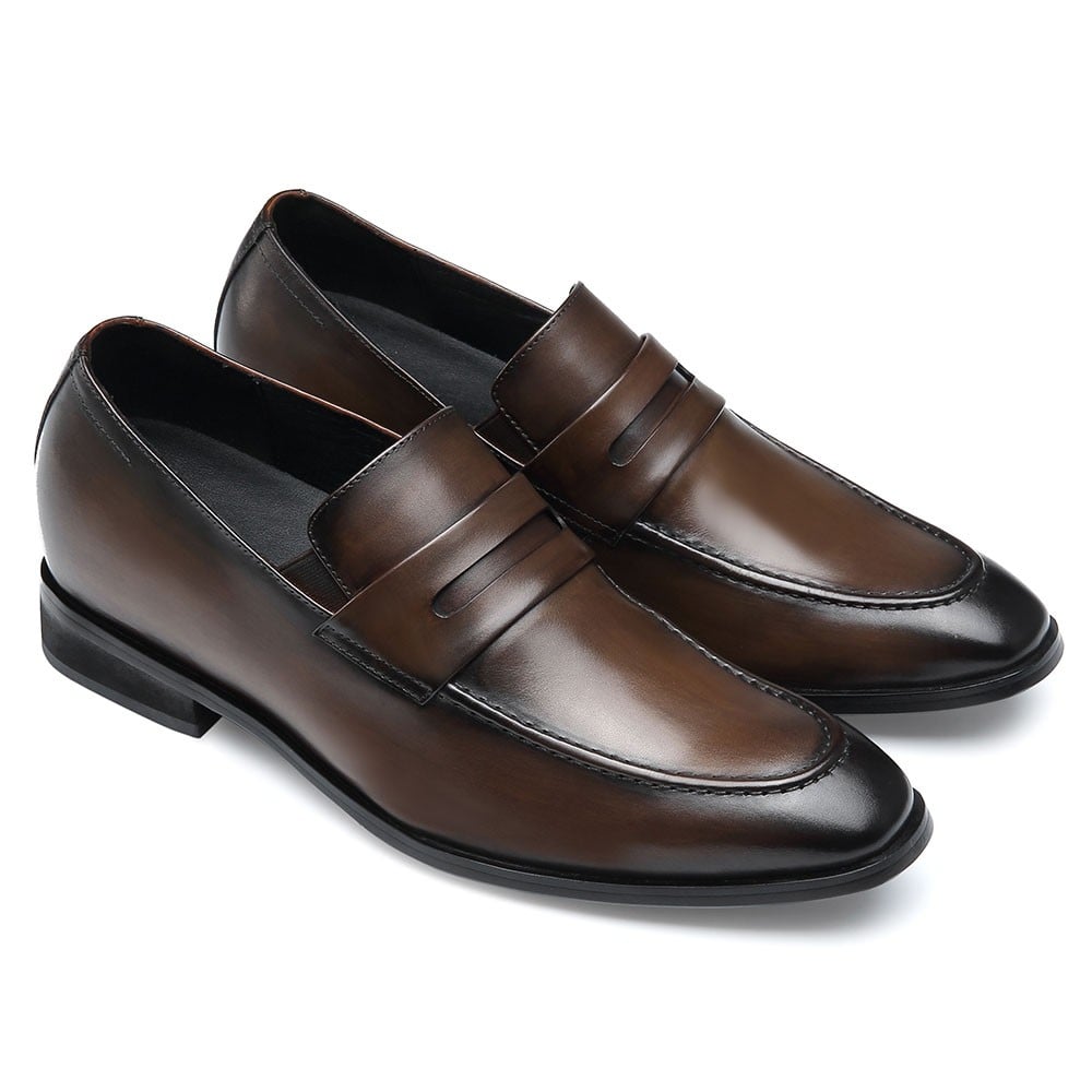 Men's Brown Leather Penny Loafer Elevator Shoes | +7cm