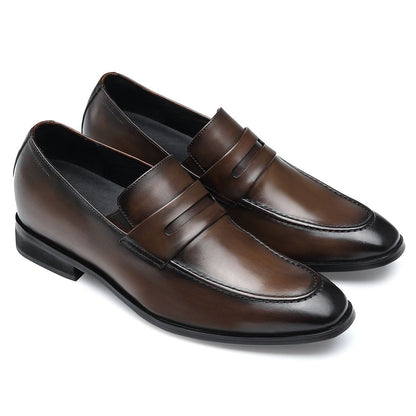 Men's Brown Leather Penny Loafer Elevator Shoes | +7cm
