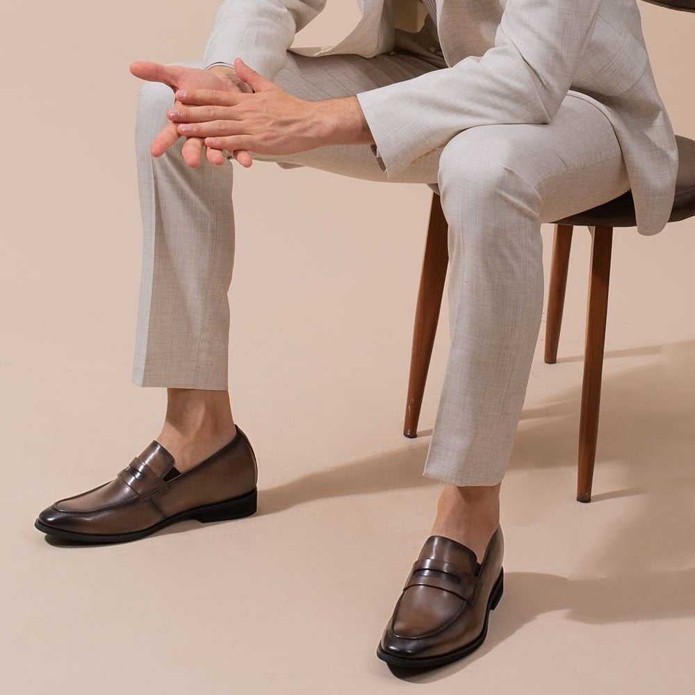 Men's Brown Leather Penny Loafer Elevator Shoes | +7cm