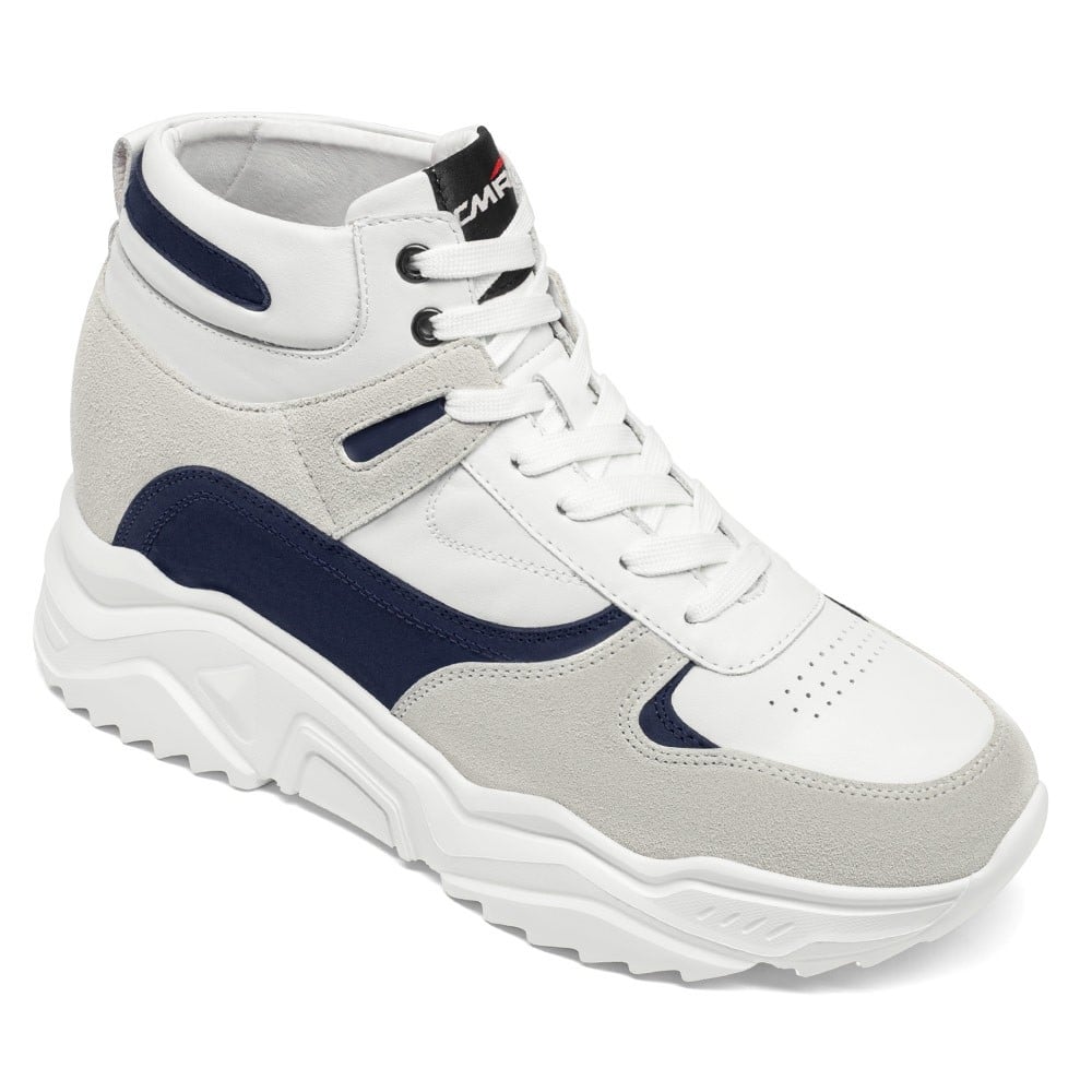 Men's White Navy High Top Elevator Sneakers | +10cm