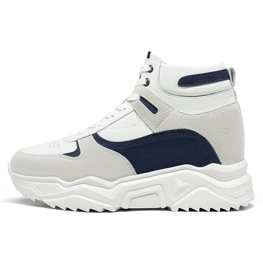 Men's White Navy High Top Elevator Sneakers | +10cm