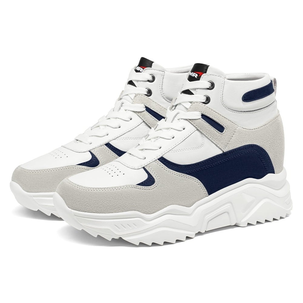 Men's White Navy High Top Elevator Sneakers | +10cm