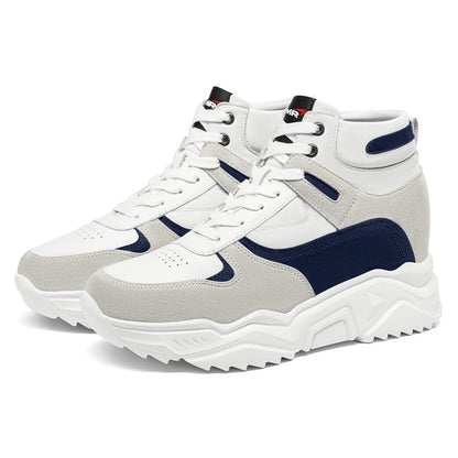 Men's White Navy High Top Elevator Sneakers | +10cm