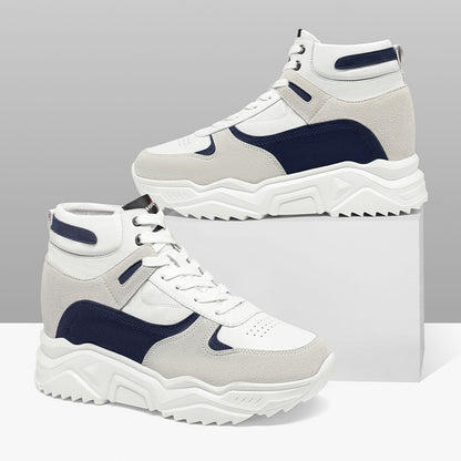 Men's White Navy High Top Elevator Sneakers | +10cm
