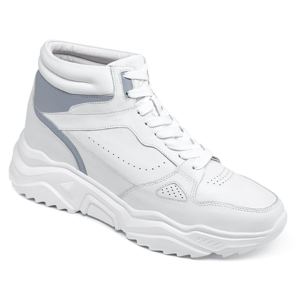 Men's White Leather High Top Elevator Sneakers | +10cm