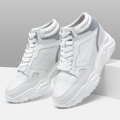 Men's White Leather High Top Elevator Sneakers | +10cm