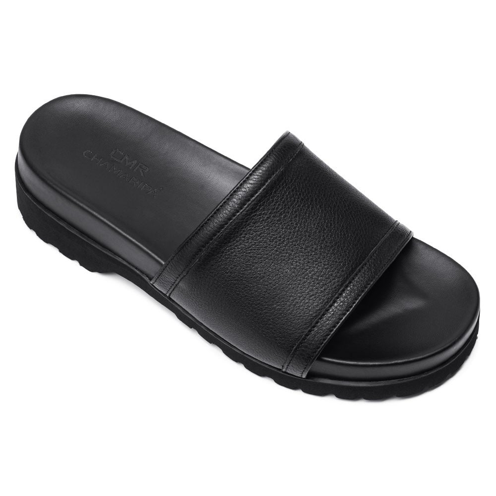 Men's Black Leather Elevator Slide Sandals | +6cm