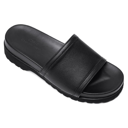 Men's Black Leather Elevator Slide Sandals | +6cm