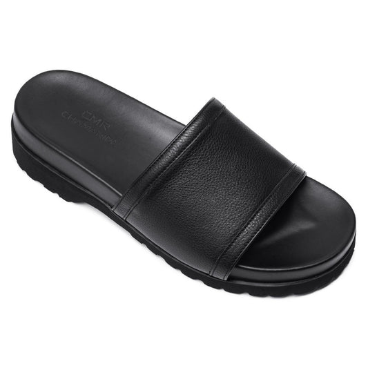 Men's Black Leather Elevator Slide Sandals | +6cm