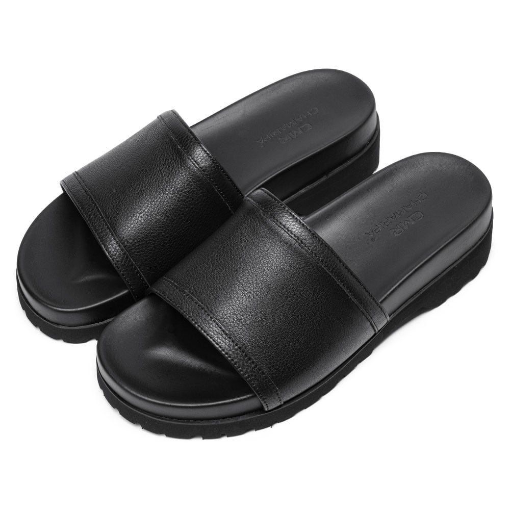 Men's Black Leather Elevator Slide Sandals | +6cm