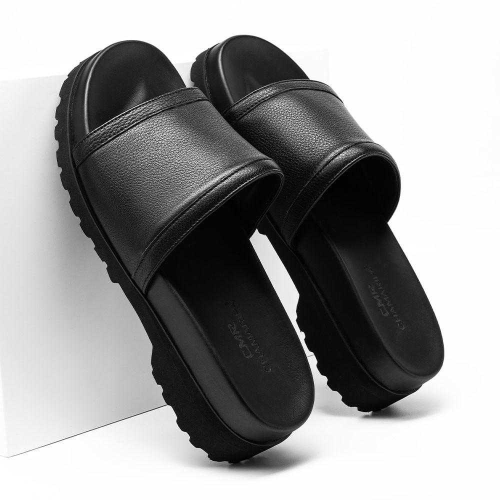 Men's Black Leather Elevator Slide Sandals | +6cm
