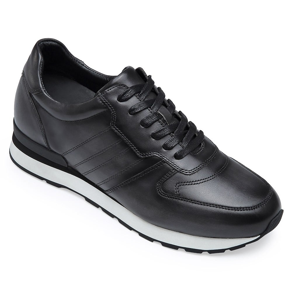 Men's Black Leather Elevator Sneakers Casual Running Shoes | + 8cm