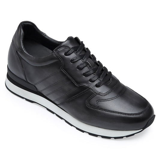Men's Black Leather Elevator Sneakers Casual Running Shoes | + 8cm